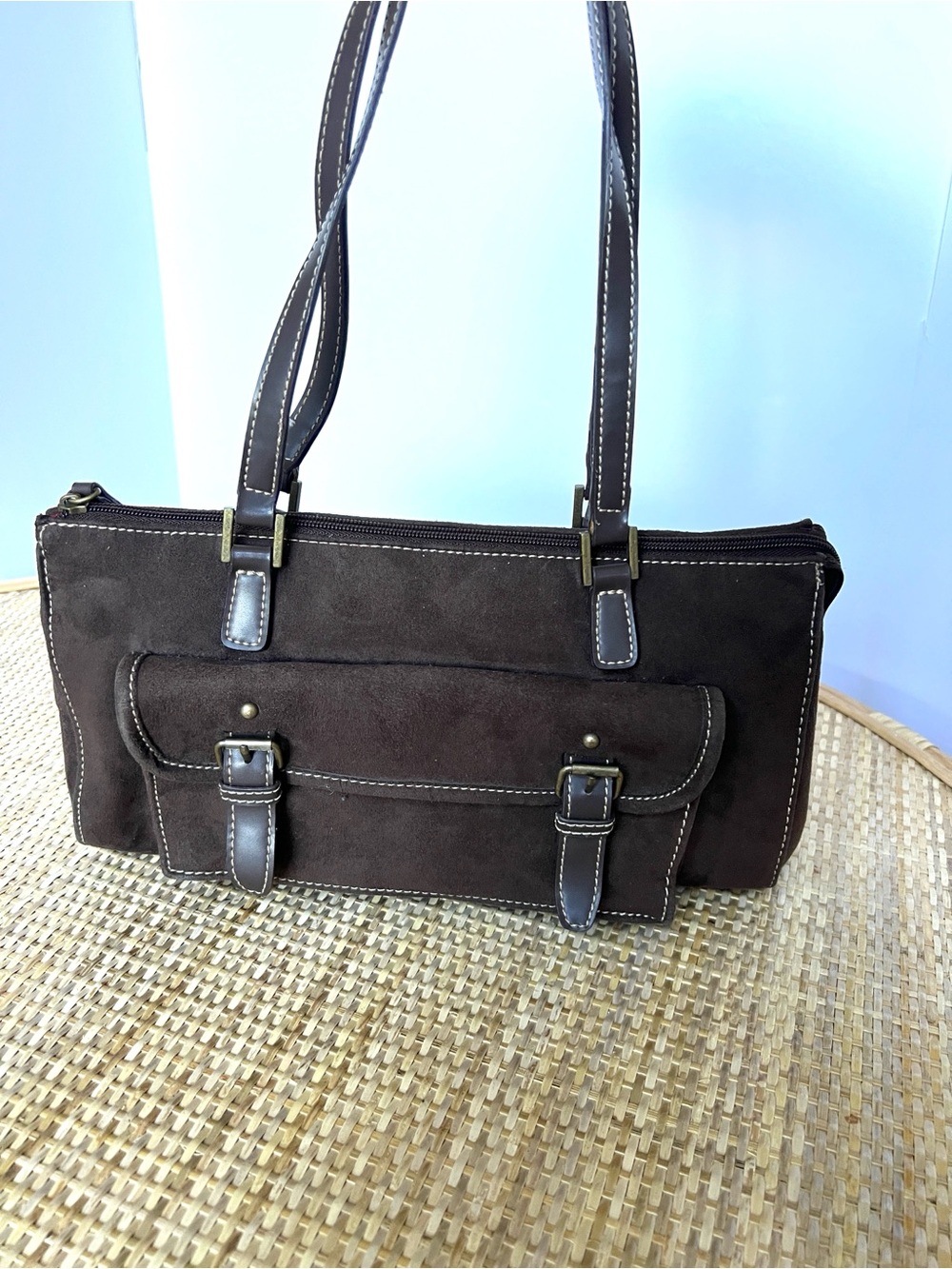 vintage 90s Y2K brown vegan suede shoulder bag G.H. Bass red fabric liner buckle